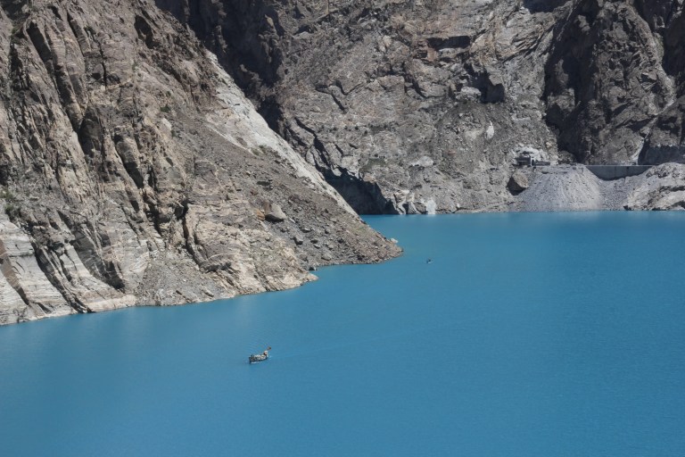 Attabad Lake - created by a landslide in 2010. Vehicles have to be transported across by boat.